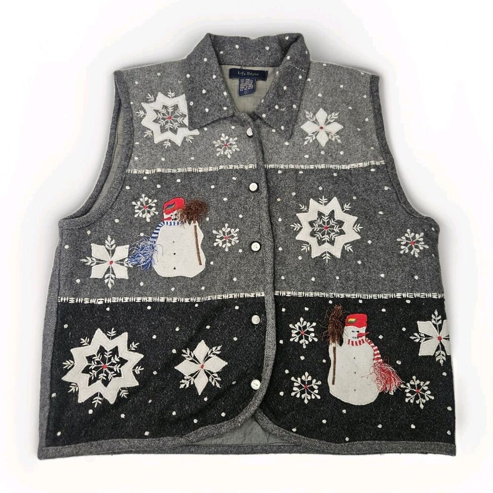 Vtg Wool Blend Vest Gray Large Snowflake Snowman Christmas Cottage Artsy